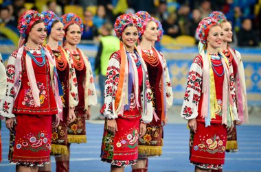 Kyiv, Ukrayna - 14 Ekim 2019: Ukrayna kadın milli takımı Uefa Euro 2020 ön eleme karşılaşmasında performans sergiliyor, Ukrayna