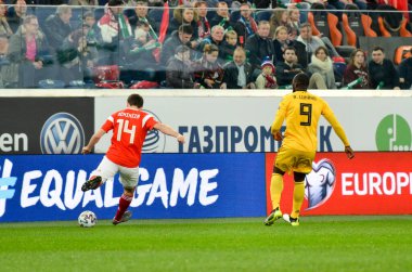 SAINT-PETERSBURG, RUSSIA - November 16, 2019: Football player during UEFA EURO 2020 qualifying match between national team Russia against Belgium national team, Russia