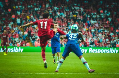 Istanbul, Turkey - August 14, 2019: Emerson and Mohamed Salah during the UEFA Super Cup Finals match between Liverpool and Chelsea at Vodafone Park, Turkey