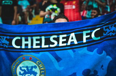 Istanbul, Turkey - August 14, 2019: Chelsea  Football fans and spectators during the UEFA Super Cup Finals match between Liverpool and Chelsea at Vodafone Park in Vodafon Arena, Turkey