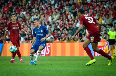 İstanbul, Türkiye - 14 Ağustos 2019: Türkiye 'nin Vodafone Arena kentindeki Vodafone Park' ta Liverpool ile Chelsea arasında oynanan Uefa Süper Kupası Finalleri 'nde Hıristiyan Pulisiç oyuncusu