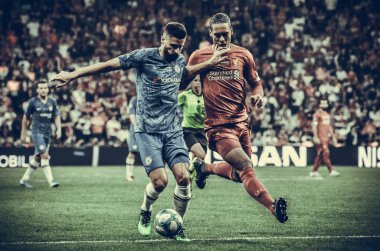 Istanbul, Turkey - August 14, 2019: Olivier Giroud and Virgil van Dijk during the UEFA Super Cup Finals match between Liverpool and Chelsea at Vodafone Park in Vodafone Arena, Turkey