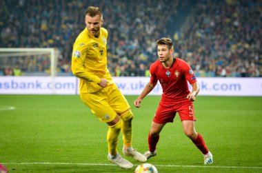 Kyiv, Ukrayna - 14 Ekim 2019: Uefa Euro 2020 ön eleme karşılaşmasında Ukrayna milli takımı Ukrayna ile Ukrayna milli takımı arasındaki Raphael Guerreiro oyuncusu