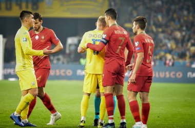 Kyiv, Ukrayna - 14 Ekim 2019: Uefa Euro 2020 ön eleme maçında Ukrayna milli takımı Ukrayna ile Ukrayna milli takımı arasında oynanan Cristiano Ronaldo