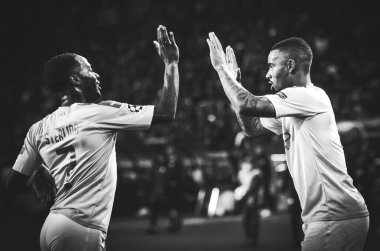 KHARKIV, UKRAINE - September 18, 2019: Raheem Sterling and Gabriel Jesus celebrate goal scored during the UEFA Champions League match between Shakhtar vs Manchester City (England), Ukraine