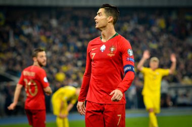 Kyiv, Ukrayna - 14 Ekim 2019: Uefa Euro 2020 ön eleme maçında Ukrayna milli takımı Ukrayna ile Ukrayna milli takımı arasında oynanan Cristiano Ronaldo