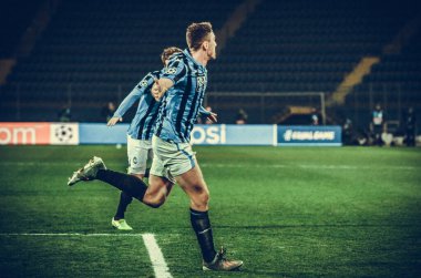 KHARKIV, UKRAINE - December 11, 2019: Robin Gosens celebrate goal scored during the UEFA Champions League match between Shakhtar vs Atalanta Bergamasca Calcio BC (Italy), Ukraine