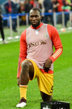 Saint-Petersburg, Rusya - 16 Kasım 2019: Rusya ile Rusya arasında oynanan Uefa Euro 2020 ön eleme karşılaşmasında Romelu Lukaku eğitim oturumu