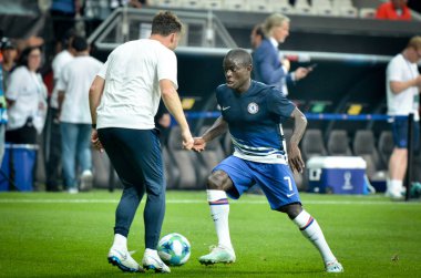 Istanbul, Turkey - August 14, 2019: N'Golo Kante player during the UEFA Super Cup Finals match between Liverpool and Chelsea in Vodafone Arena stadium, Turkey