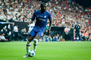 Istanbul, Turkey - August 14, 2019: Kurt Zouma during the UEFA Super Cup Finals match between Liverpool and Chelsea at Vodafone Park in Vodafone Arena, Turkey