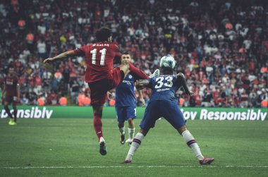 Istanbul, Turkey - August 14, 2019: Emerson and Mohamed Salah during the UEFA Super Cup Finals match between Liverpool and Chelsea at Vodafone Park, Turkey