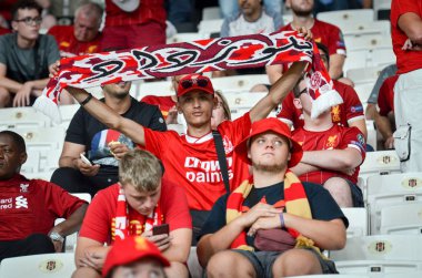 Istanbul, Turkey - August 14, 2019: Liverpool Football fans and spectators during the UEFA Super Cup Finals match between Liverpool and Chelsea at Vodafone Park in Vodafon Arena, Turkey