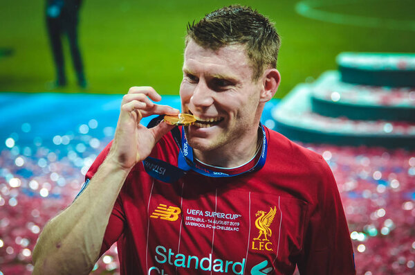 Istanbul, Turkey - August 14, 2019:  James Milner with his gold medal during the UEFA Super Cup Finals match between Liverpool and Chelsea at Vodafone Park in Vodafone Arena, Turkey