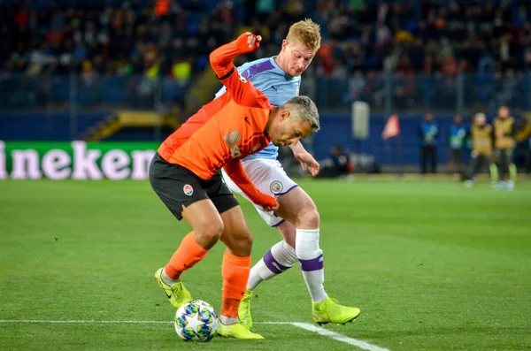 KHARKIV, UKRAINE - September 18, 2019: Kevin De Bruyne and Marlos during the UEFA Champions League match between Shakhtar vs Manchester City (England), Ukraine