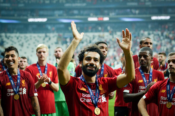 Istanbul, Turkey - August 14, 2019: Mohamed Salah celebrate victory during the UEFA Super Cup Finals match between Liverpool and Chelsea at Vodafone Park in Vodafone Arena, Turkey