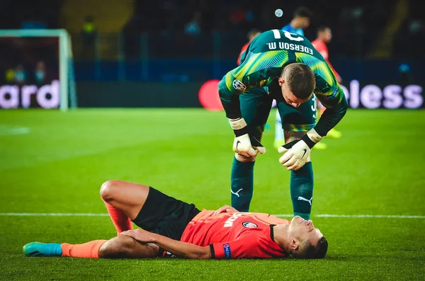 KHARKIV, UKRAINE - September 18, 2019: Ederson helped Junior Moraes during the UEFA Champions League match between Shakhtar vs Manchester City (England), Ukraine