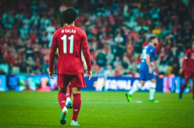 İstanbul, Türkiye - 14 Ağustos 2019: Türkiye 'nin Vodafone Arena kentindeki Vodafone Park' ta Liverpool ile Chelsea arasında oynanan Uefa Süper Kupası Finalleri sırasında Muhammed Salah