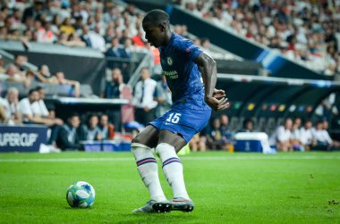 Istanbul, Turkey - August 14, 2019: Kurt Zouma during the UEFA Super Cup Finals match between Liverpool and Chelsea at Vodafone Park in Vodafone Arena, Turkey