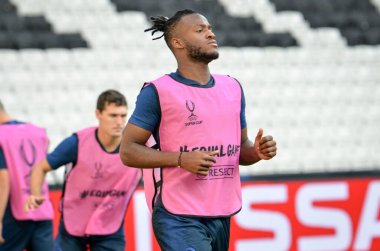 İstanbul, Türkiye - 14 Ağustos 2019: Türkiye 'nin Vodafone Arena kentindeki Vodafone Park' ta Liverpool ile Chelsea arasında oynanan Uefa Süper Kupa Finalleri öncesinde Chelsea futbolcuları antrenman oturumu