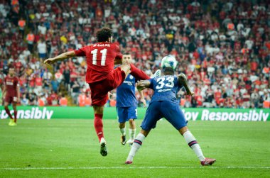 Istanbul, Turkey - August 14, 2019: Emerson and Mohamed Salah during the UEFA Super Cup Finals match between Liverpool and Chelsea at Vodafone Park, Turkey