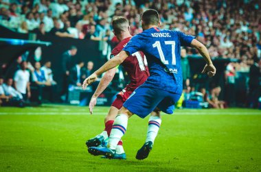 Istanbul, Turkey - August 14, 2019: Jordan Henderson and Mateo Kovacic during the UEFA Super Cup Finals match between Liverpool and Chelsea at Vodafone Park in Vodafone Arena, Turkey