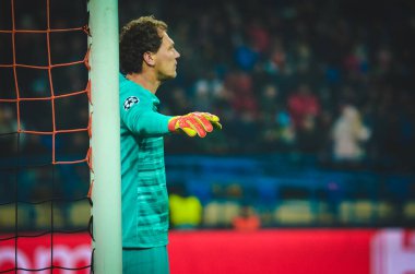 Kharkiv, Ukrayna - 11 Aralık 2019: Uefa Şampiyonlar Ligi maçında Andriy Pyatov, Shakhtar - Atalanta Bergamasca Calcio Bc (İtalya), Ukrayna