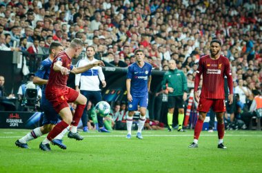 Istanbul, Turkey - August 14, 2019: Jordan Henderson and Mateo Kovacic during the UEFA Super Cup Finals match between Liverpool and Chelsea at Vodafone Park in Vodafone Arena, Turkey