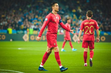 Kyiv, Ukrayna - 14 Ekim 2019: Uefa Euro 2020 ön eleme maçında Ukrayna milli takımı Ukrayna ile Ukrayna milli takımı arasında oynanan Cristiano Ronaldo