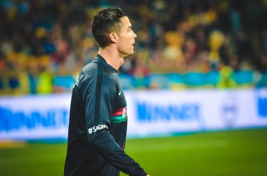 Kyiv, Ukrayna - 14 Ekim 2019: Cristiano Ronaldo ve Uefa Euro 2020 ön eleme maçında Ukrayna ile Portekiz milli takımı Ukrayna arasında oynanan karşılaşma
