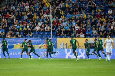 DNIPRO, UKRAINE - September 10, 2019: Nigeria national team celebrate goal scored during the friendly match between national team Ukraine against Nigeria national team, Ukraine