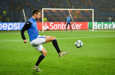 KHARKIV, UKRAINE - December 11, 2019: Berat Djimsiti player during the UEFA Champions League match between Shakhtar vs Atalanta Bergamasca Calcio BC (Italy), Ukraine