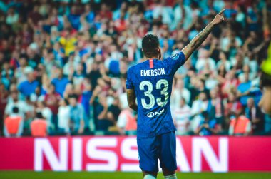 Istanbul, Turkey - August 14, 2019: Emerson celebrate goal scored during the UEFA Super Cup Finals match between Liverpool and Chelsea at Vodafone Park in Vodafone Arena, Turkey