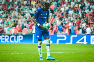 Istanbul, Turkey - August 14, 2019: Tammy Abraham hit penalty during the UEFA Super Cup Finals match between Liverpool and Chelsea at Vodafone Park in Vodafone Arena, Turkey