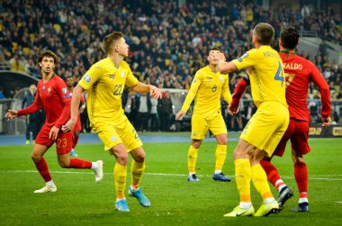 Kyiv, Ukrayna - 14 Ekim 2019: Uefa Euro 2020 ön eleme maçında Ukrayna milli takımı Ukrayna milli takımı Ukrayna ile oynamıştır.