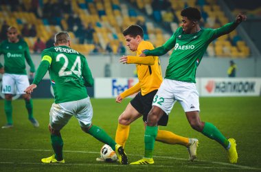 LVIV, UKRAINE - November 07, 2019:  Loic Perrin and  Wesley Fofana during the UEFA Europa League match between Alexandria vs AS Saint Etienne (France), Ukraine
