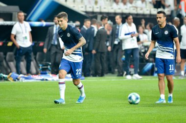 İstanbul, Türkiye - 14 Ağustos 2019: Türkiye 'nin Vodafone Arena stadyumunda Liverpool ile Chelsea arasında oynanan Uefa Süper Kupası finallerinde Hıristiyan Pulisiç oyuncusu