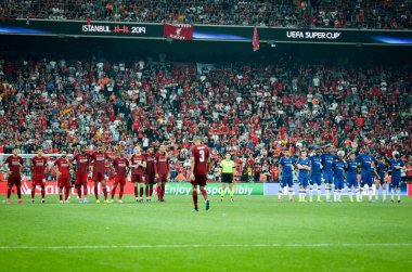 Istanbul, Turkey - August 14, 2019: Liverpool  and Chelsea Football players awaiting a penalty shootout during the UEFA Super Cup Finals match between Liverpool and Chelsea, Turkey