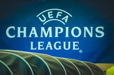 KHARKIV, UKRAINE - September 18, 2019: Champions League official inscription and emblem close-up during the UEFA Champions League match, Ukraine