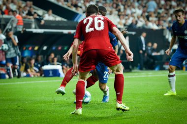 Istanbul, Turkey - August 14, 2019: Andrew Robertson player during the UEFA Super Cup Finals match between Liverpool and Chelsea at Vodafone Park in Vodafone Arena, Turkey