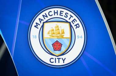 KHARKIV, UKRAINE - September 18, 2019: Manchester City official logo and emblem closeup during the UEFA Champions League match, Ukraine