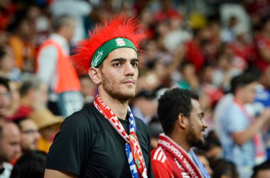 Istanbul, Turkey - August 14, 2019: Liverpool Football fans and spectators during the UEFA Super Cup Finals match between Liverpool and Chelsea at Vodafone Park in Vodafon Arena, Turkey