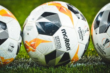 LVIV, UKRAINE - November 07, 2019: Official Molten football match Ball for Europa League during the UEFA Europa League match, Ukraine
