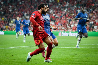Istanbul, Turkey - August 14, 2019: Mohamed Salah and Emerson during the UEFA Super Cup Finals match between Liverpool and Chelsea at Vodafone Park in Vodafone Arena, Turkey