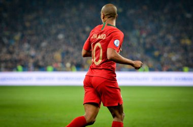 Kyiv, Ukrayna - 14 Ekim 2019: Uefa Euro 2020 ön eleme maçında Joao Mario, Portekiz milli takımı Ukrayna 'ya karşı oynamıştır.