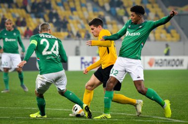 LVIV, UKRAINE - November 07, 2019:  Loic Perrin and  Wesley Fofana during the UEFA Europa League match between Alexandria vs AS Saint Etienne (France), Ukraine