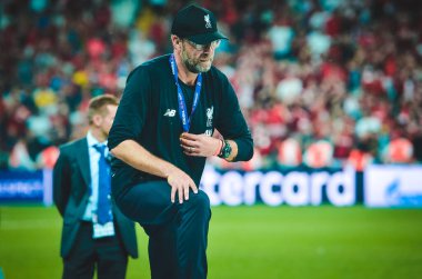 Istanbul, Turkey - August 14, 2019: Jurgen Klopp receives gold medals during the UEFA Super Cup Finals match between Liverpool and Chelsea at Vodafone Park in Vodafone Arena, Turkey