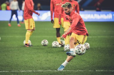 SAINT-PETERSBURG, RUSSIA - November 16, 2019: Dries Mertens and  Belgium national football team training session during UEFA EURO 2020 qualifying match between Russia against Belgium, Russia