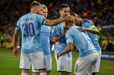 KHARKIV, UKRAINE - September 18, 2019: Nicolas Otamendi and Gabriel Jesus celebrate goal scored during the UEFA Champions League match between Shakhtar vs Manchester City (England), Ukraine