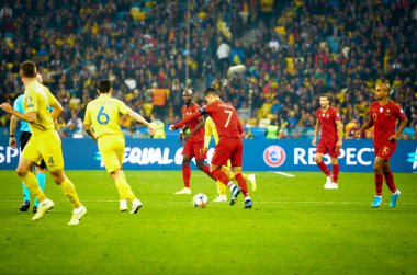 Kyiv, Ukrayna - 14 Ekim 2019: Uefa Euro 2020 ön eleme maçında Ukrayna milli takımı Ukrayna ile Ukrayna milli takımı arasında oynanan Cristiano Ronaldo