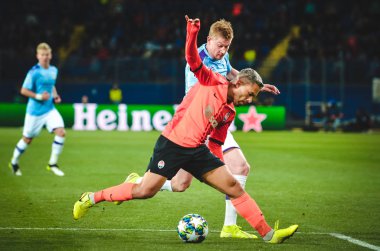 KHARKIV, UKRAINE - September 18, 2019: Kevin De Bruyne and Marlos during the UEFA Champions League match between Shakhtar vs Manchester City (England), Ukraine